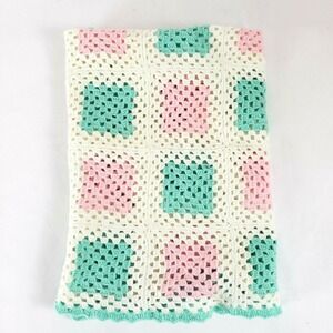 Crocheted Baby Lap Blanket Afghan Throw Handmade Pink Off-White Green 36” x 68”